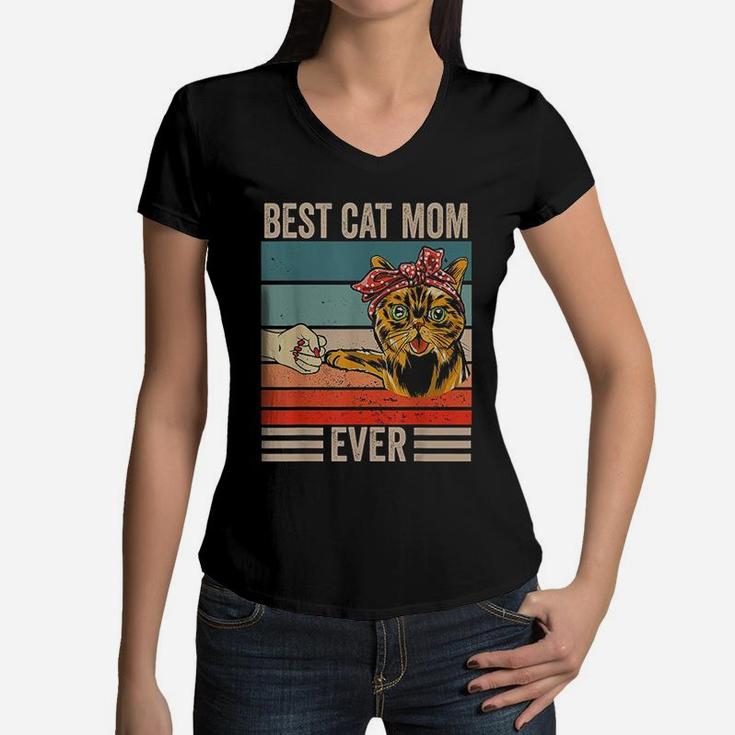 Vintage Best Cat Mom Ever Bump Fist Mothers Day Gifts Women V-Neck T-Shirt