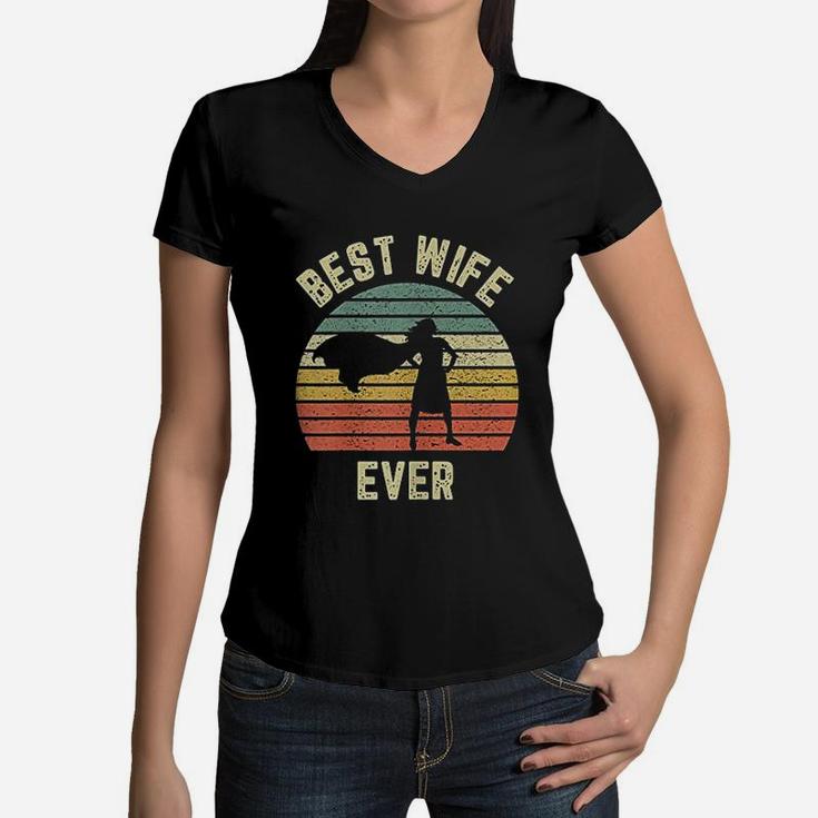 Vintage Best Wife Ever Holiday Gift Superhero Fun Graphic Women V-Neck T-Shirt