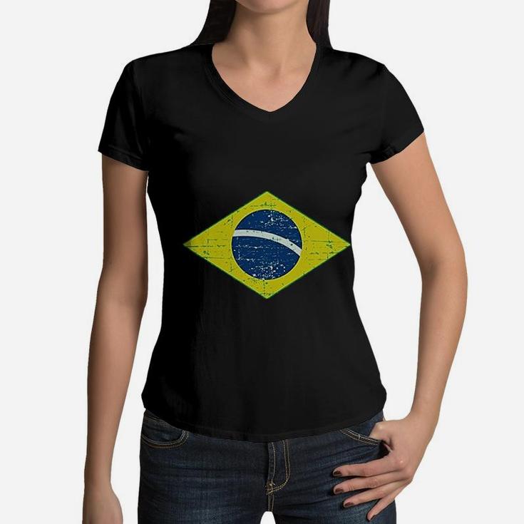 Vintage Brazil Flag Retro Style Brazilian Women V-Neck T-Shirt