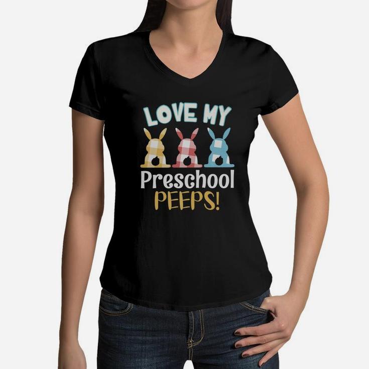 Vintage Bunny Rabbit Love My Preschool Peeps Teacher Women V-Neck T-Shirt