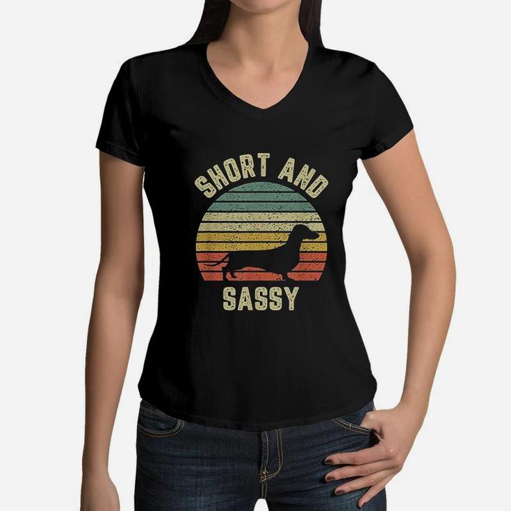 Vintage Dachshund Funny Weiner Dog Short Sassy Women V-Neck T-Shirt