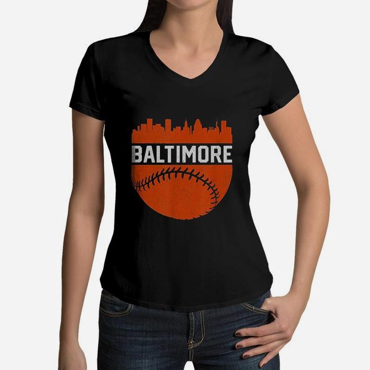 Vintage Downtown Baltimore Skyline Baseball Women V-Neck T-Shirt