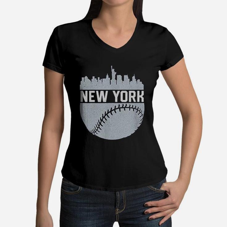 Vintage Downtown New York City Skyline Baseball Women V-Neck T-Shirt
