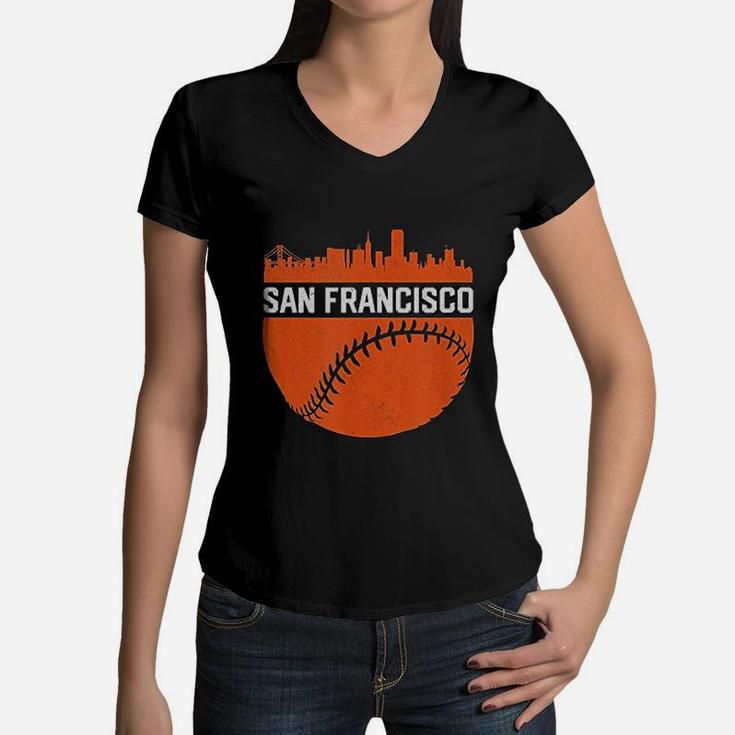 Vintage Downtown San Francisco Skyline Baseball Women V-Neck T-Shirt