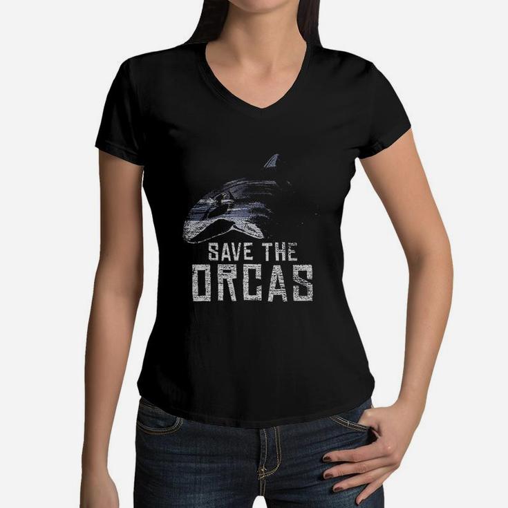 Vintage Earth Day Save The Orcas Women V-Neck T-Shirt