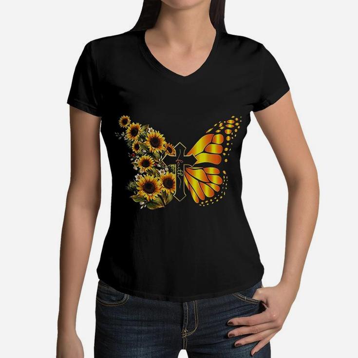 Vintage Faith Cross Sunflower Butterfly Christian Women V-Neck T-Shirt
