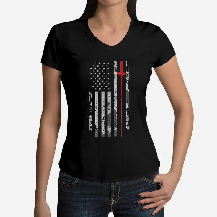 Vintage Fencing American Flag Women V-Neck T-Shirt