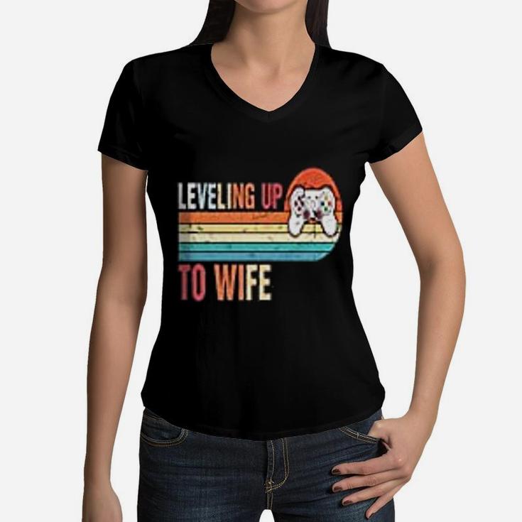 Vintage Leveling Up To Wife Engagement Party Women V-Neck T-Shirt