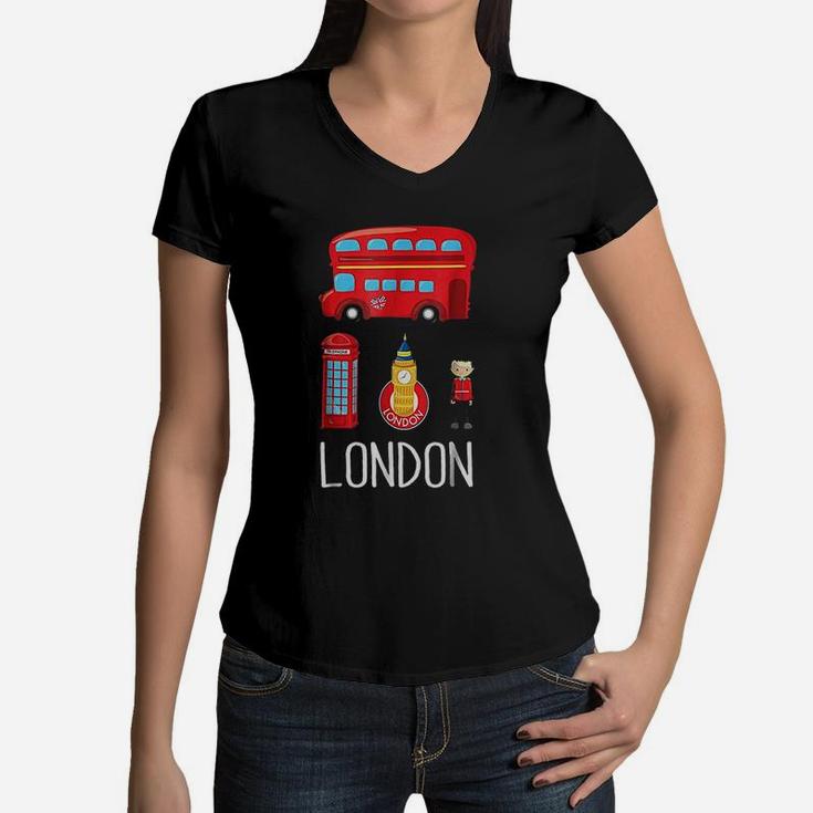 Vintage London British London England Bus Women V-Neck T-Shirt