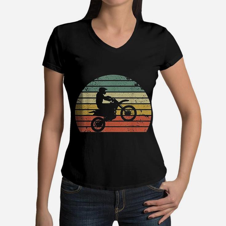 Vintage Motocross Dirt Bike Silhouette Retro Dirt Bike Women V-Neck T-Shirt