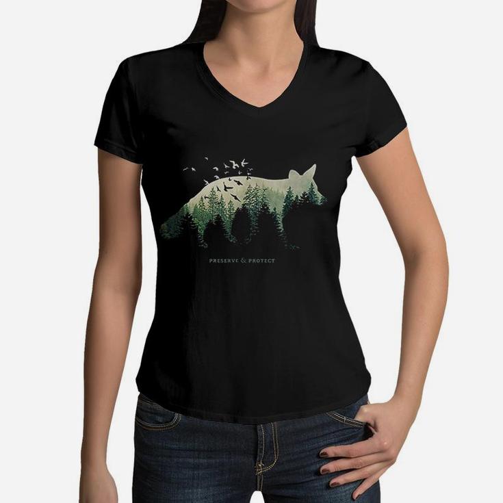 Vintage National Park Fox Forest Women V-Neck T-Shirt
