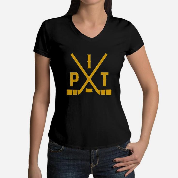 Vintage Pittsburgh Ice Hockey Sticks State Outline Women V-Neck T-Shirt