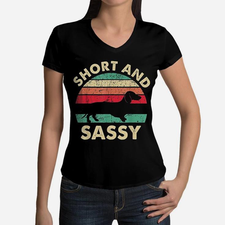 Vintage Retro Funny Dachshund Weiner Dog Short Sassy Women V-Neck T-Shirt