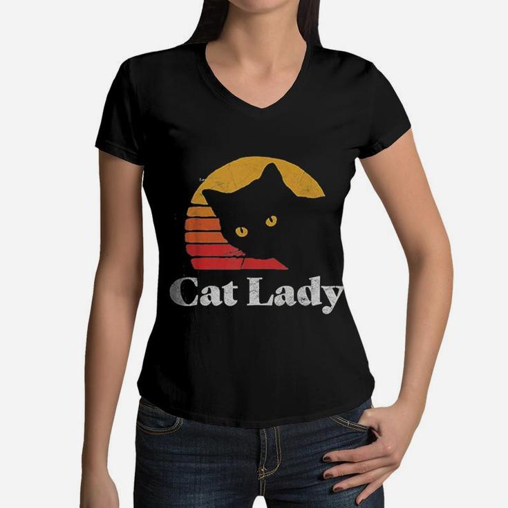 Vintage Retro Style Cat Lady 80s Women V-Neck T-Shirt