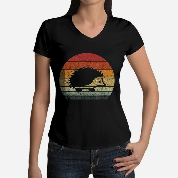 Vintage Retro Sunset Hedgehog Women V-Neck T-Shirt