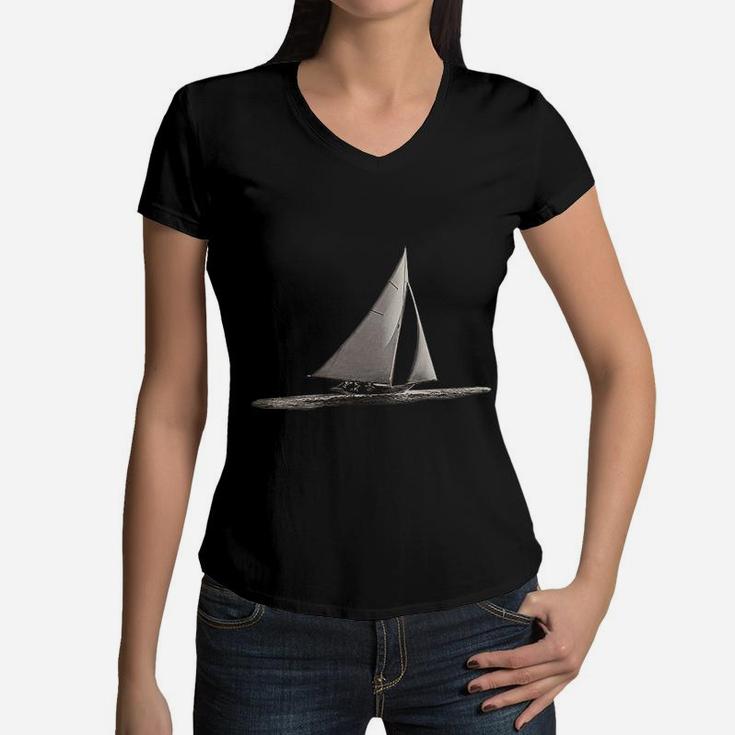 Vintage Sail Boat Nautical Dad Sailing Women V-Neck T-Shirt