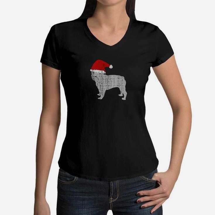 Vintage Santa Hat French Bulldog Dog Shirt Women V-Neck T-Shirt