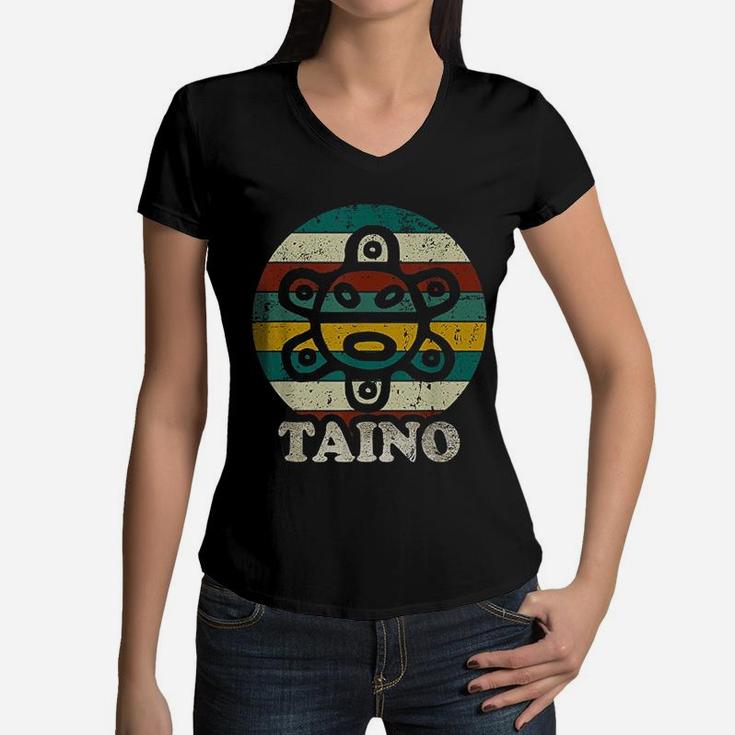 Vintage Sun Distressed Taino Sun Symbol Gift Taino Women V-Neck T-Shirt