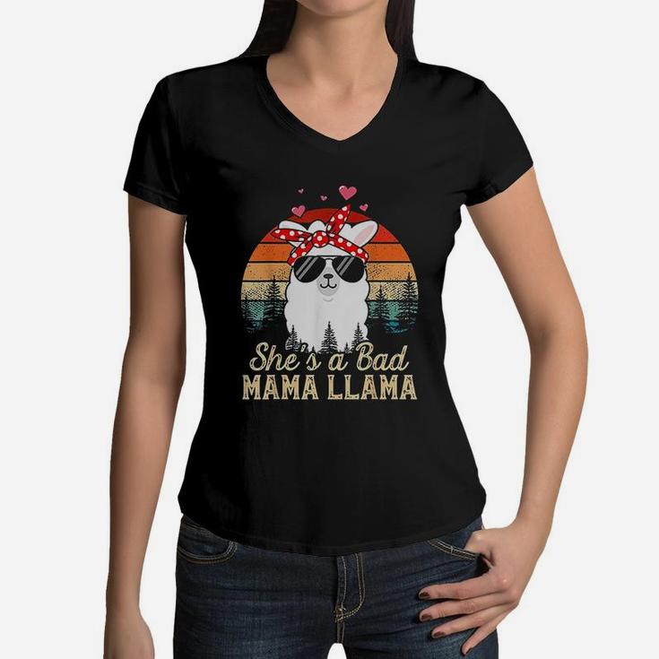 Vintage Sunset Shes A Bad Mama Llama Funny Mother Days Women V-Neck T-Shirt