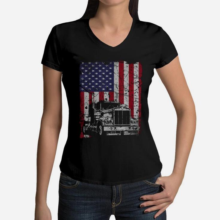 Vintage Truck Driver American Flag Trucker Shirt Women V-Neck T-Shirt