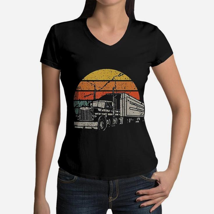 Vintage Truck Driver Gift Retro Sun Driving Trucker Women V-Neck T-Shirt