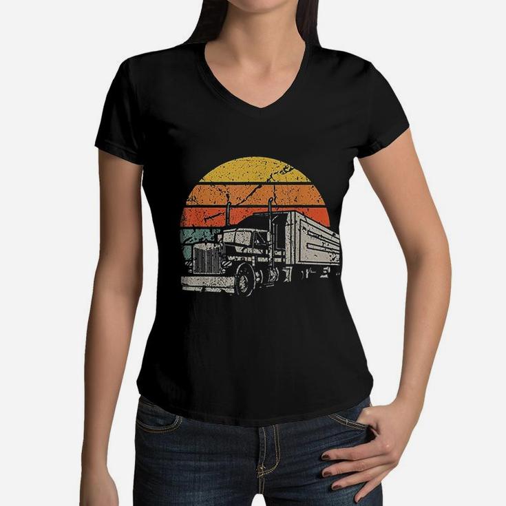 Vintage Truck Driver Gift Retro Sun Driving Trucker Women V-Neck T-Shirt