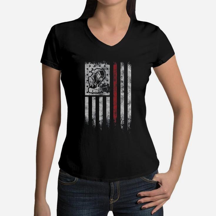 Welder Vintage Usa American Flag Patriotic Welding Gift Women V-Neck T-Shirt