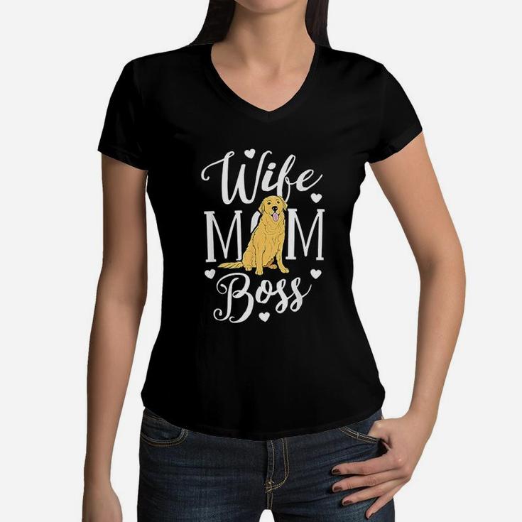 Wife Mom Boss Dog Women V-Neck T-Shirt