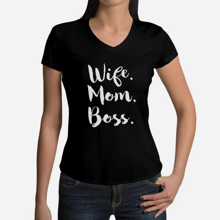 Wife Mom Boss Funny Saying Fitness Gym Women V-Neck T-Shirt