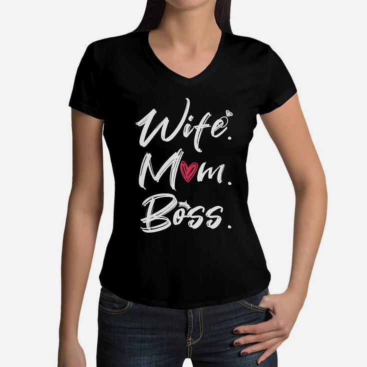 Wife Mom Boss Heart Women V-Neck T-Shirt