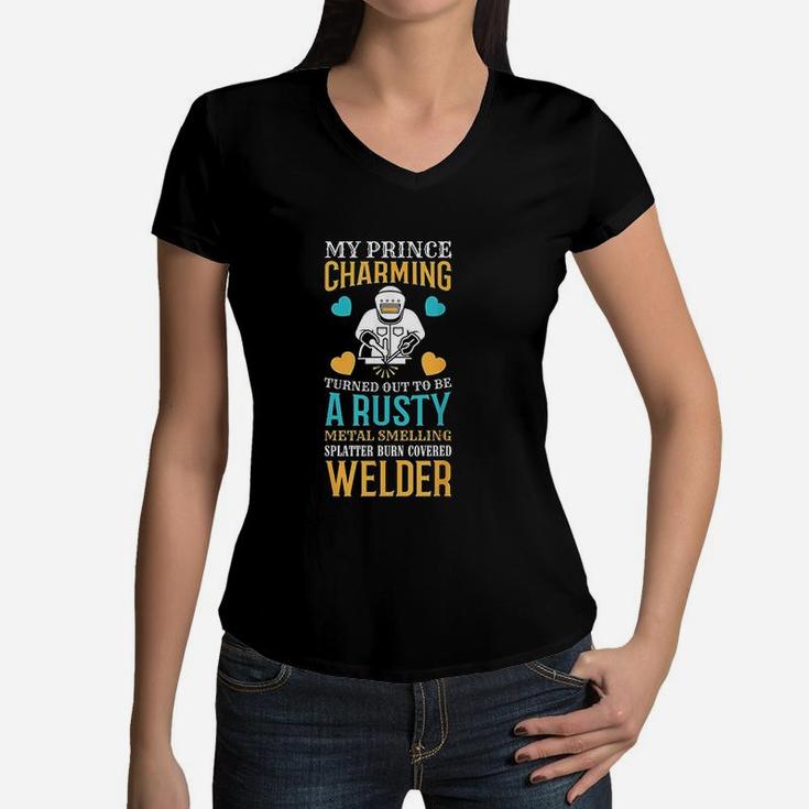 Wife Mom Girlfriend Cute Funny Welding Women V-Neck T-Shirt