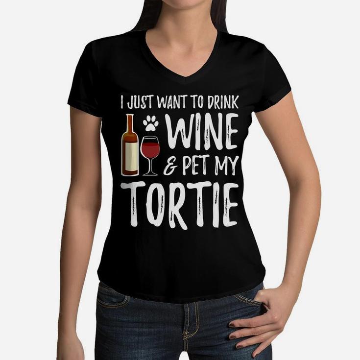 Wine And Tortie For Tortie Cat Mom Women V-Neck T-Shirt