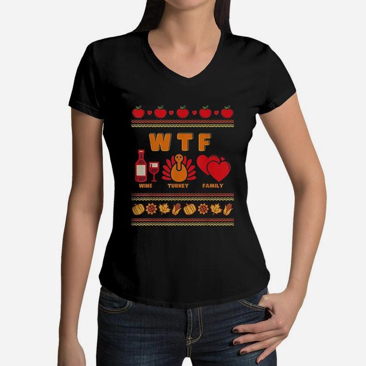 Wine Turkey Family Thanksgiving Ugly Women V-Neck T-Shirt