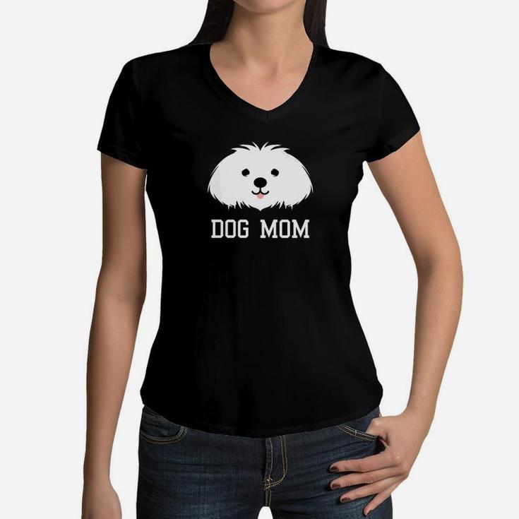 Womens Mothers Day Dog Mom Maltese Pup Women V-Neck T-Shirt