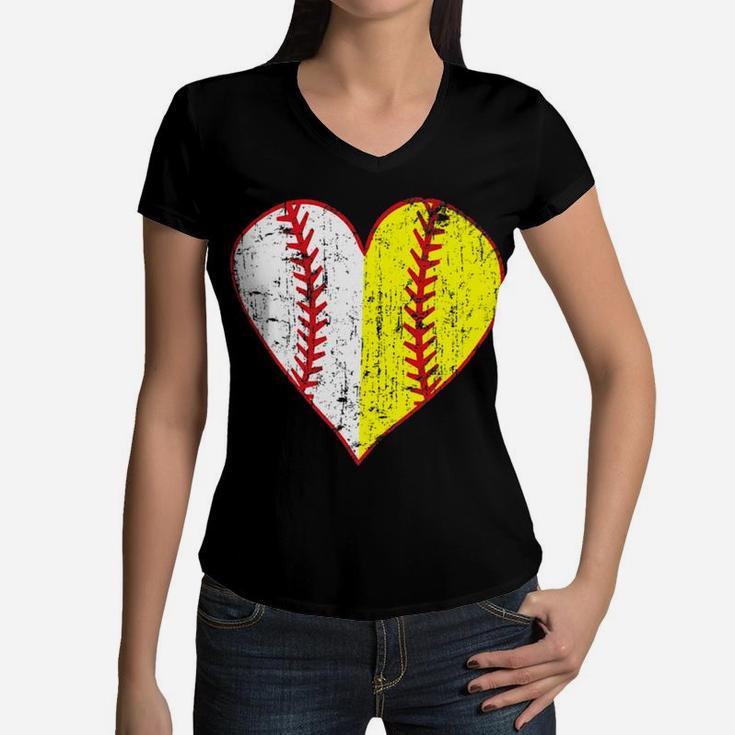 Womens Primitive Play Ball Love Baseball Softball Mom Heart Women V-Neck T-Shirt