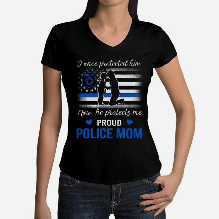 Womens Proud Police Mom Thin Blue Line American Flag Shirts Women V-Neck T-Shirt