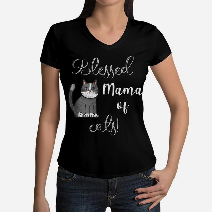 Womens Womens Blessed Mama Of Cats Cute Funny Women V-Neck T-Shirt