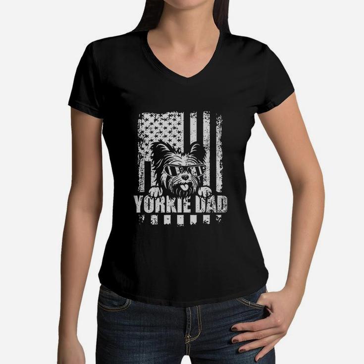 Yorkie Dad Cool Vintage Retro Proud American Flag Women V-Neck T-Shirt