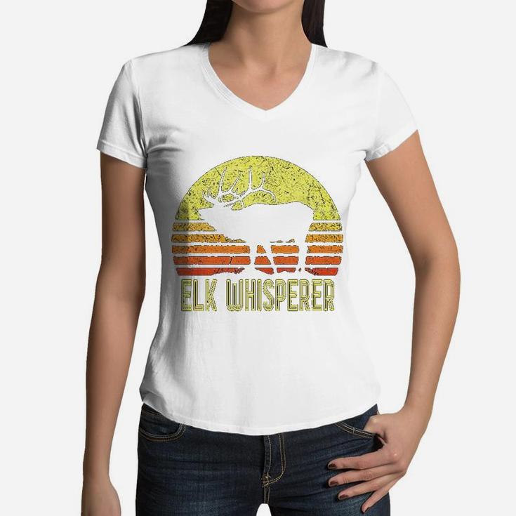 American Elk Hunter Dad Vintage Retro Sun Bow Hunting Gift Women V-Neck T-Shirt