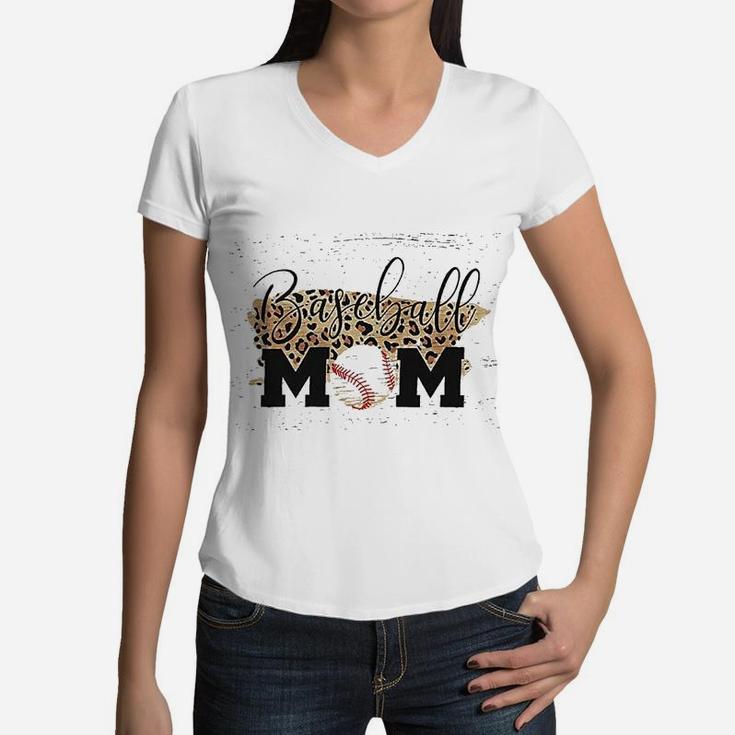 Baseball Mom For Women Leopard Baseball Cute Graphic Women V-Neck T-Shirt