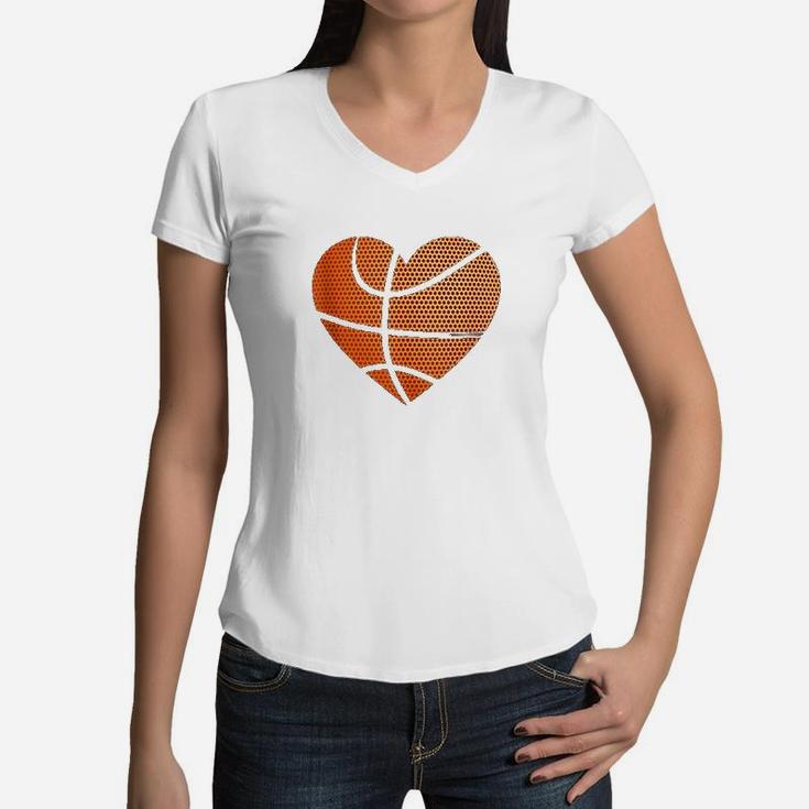 Basketball Ball Love Heart Mom Dad Sports Player Fun Gift Women V-Neck T-Shirt