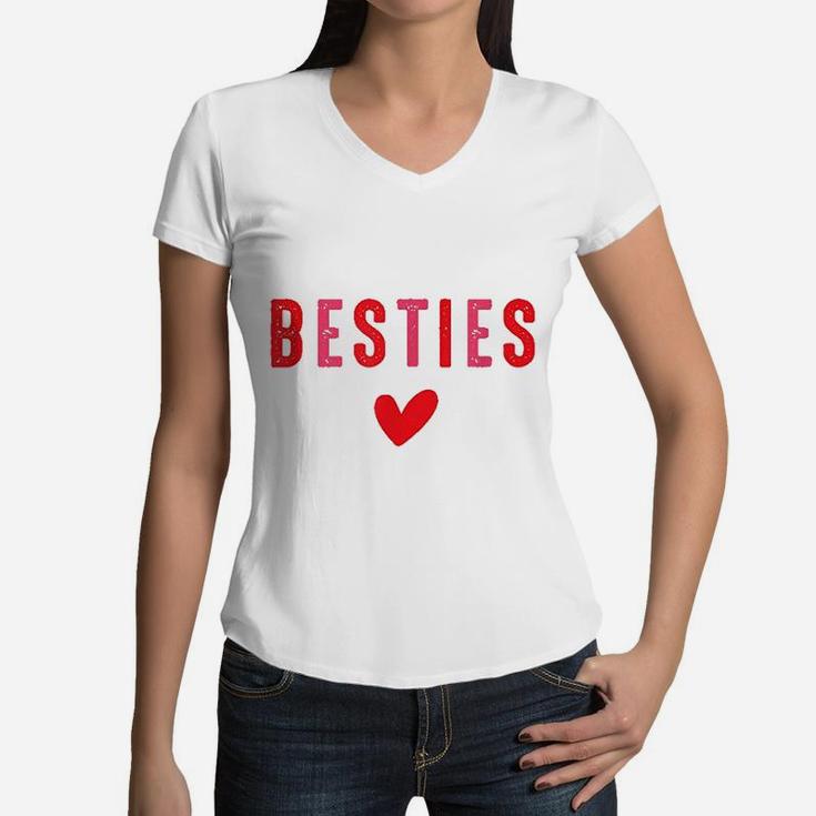 Besties Cute Matching Mother Daughter Friend Valentine Day Women V-Neck T-Shirt