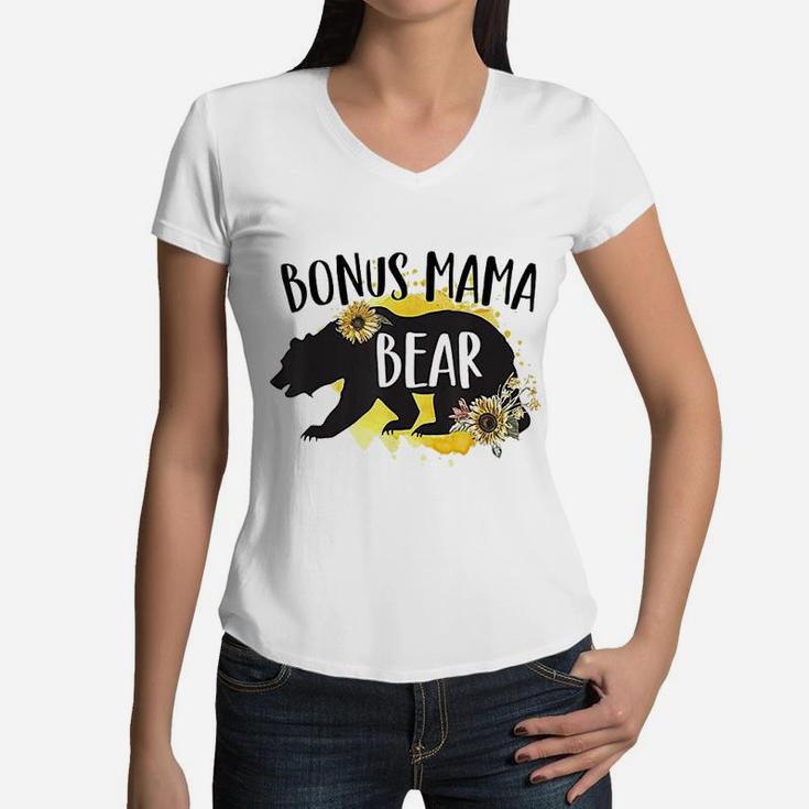 Bonus Mama Bear Sunflower Best Stepmom Ever Stepmother Bears Women V-Neck T-Shirt