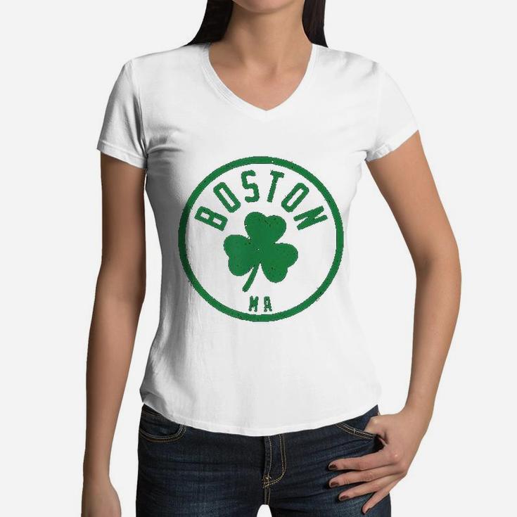 Boston Basketball Shamrock Massachusetts Vintage Women V-Neck T-Shirt