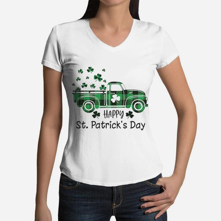 Buffalo Plaid Shamrock Vintage Truck Happy St Patricks Day Women V-Neck T-Shirt