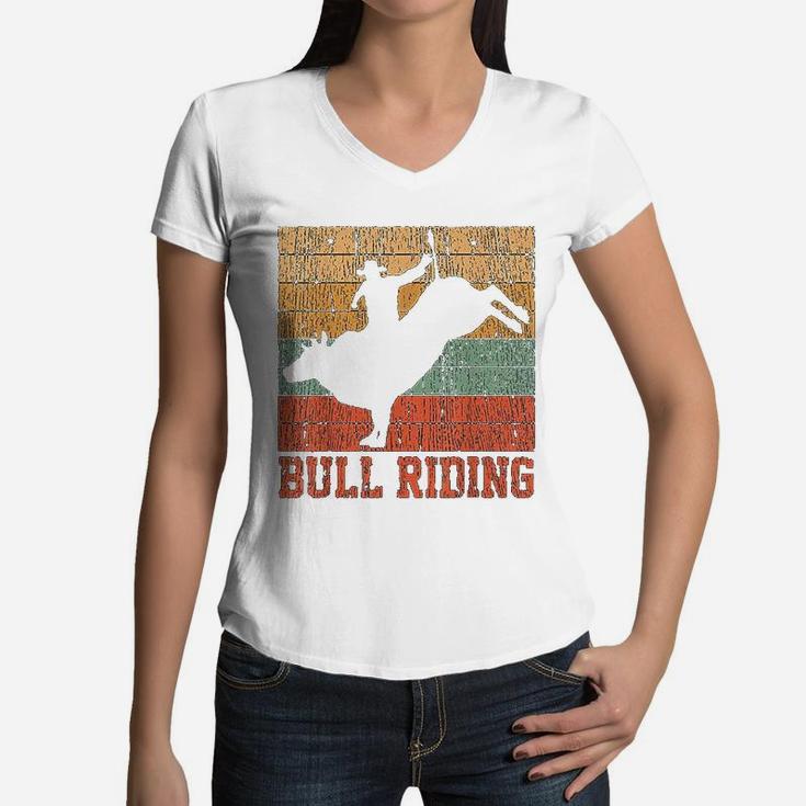 Bull Riding Retro Vintage Rodeo Western Country Gift Women V-Neck T-Shirt