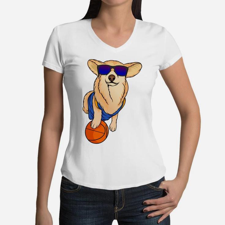 Cartoon Cute Corgi Dog Wearing Sunglasses With Basketball Women V-Neck T-Shirt