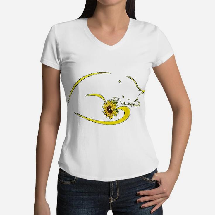 Cat Hippie Sunflower Cat Mom Women V-Neck T-Shirt