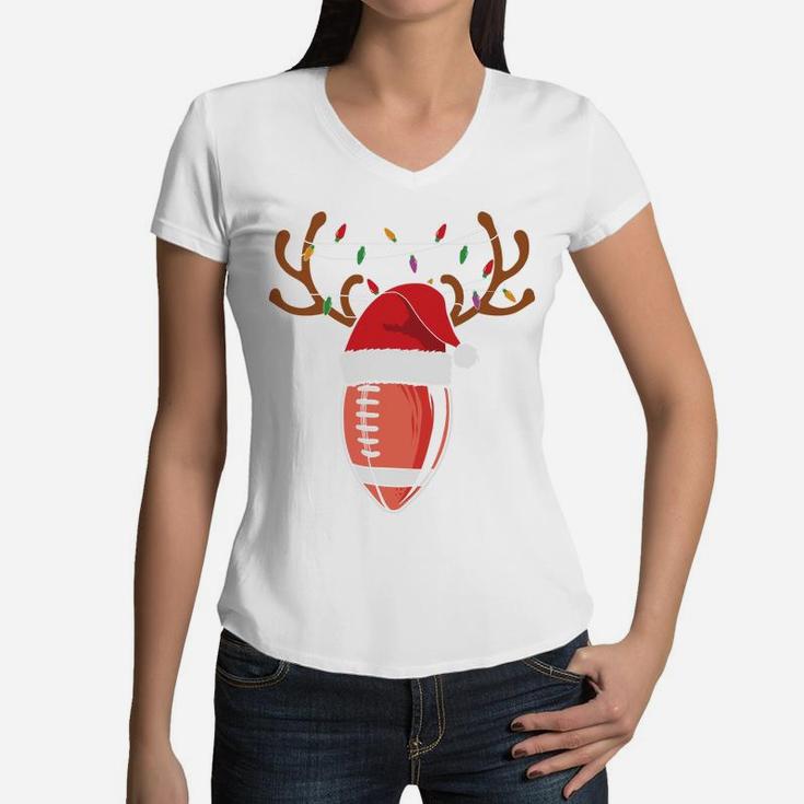 Christmas Football Sport Gift Santa Hat Reindeer Women V-Neck T-Shirt