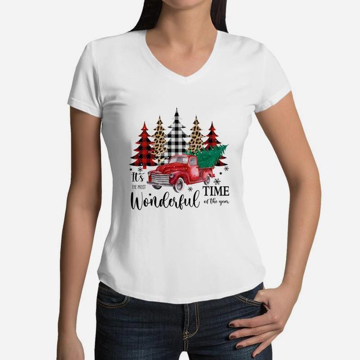 Christmas It Is The Most Wonderful Time Of The Year Colorful Christmas Trees Women V-Neck T-Shirt
